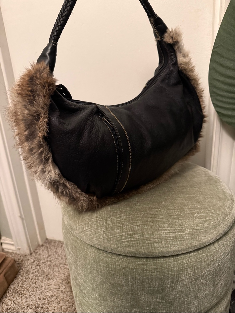 Vintage Maxx New York Black Leather Faux Fur Trim Hobo Shoulder Bag Y2K - Picture 7 of 7
